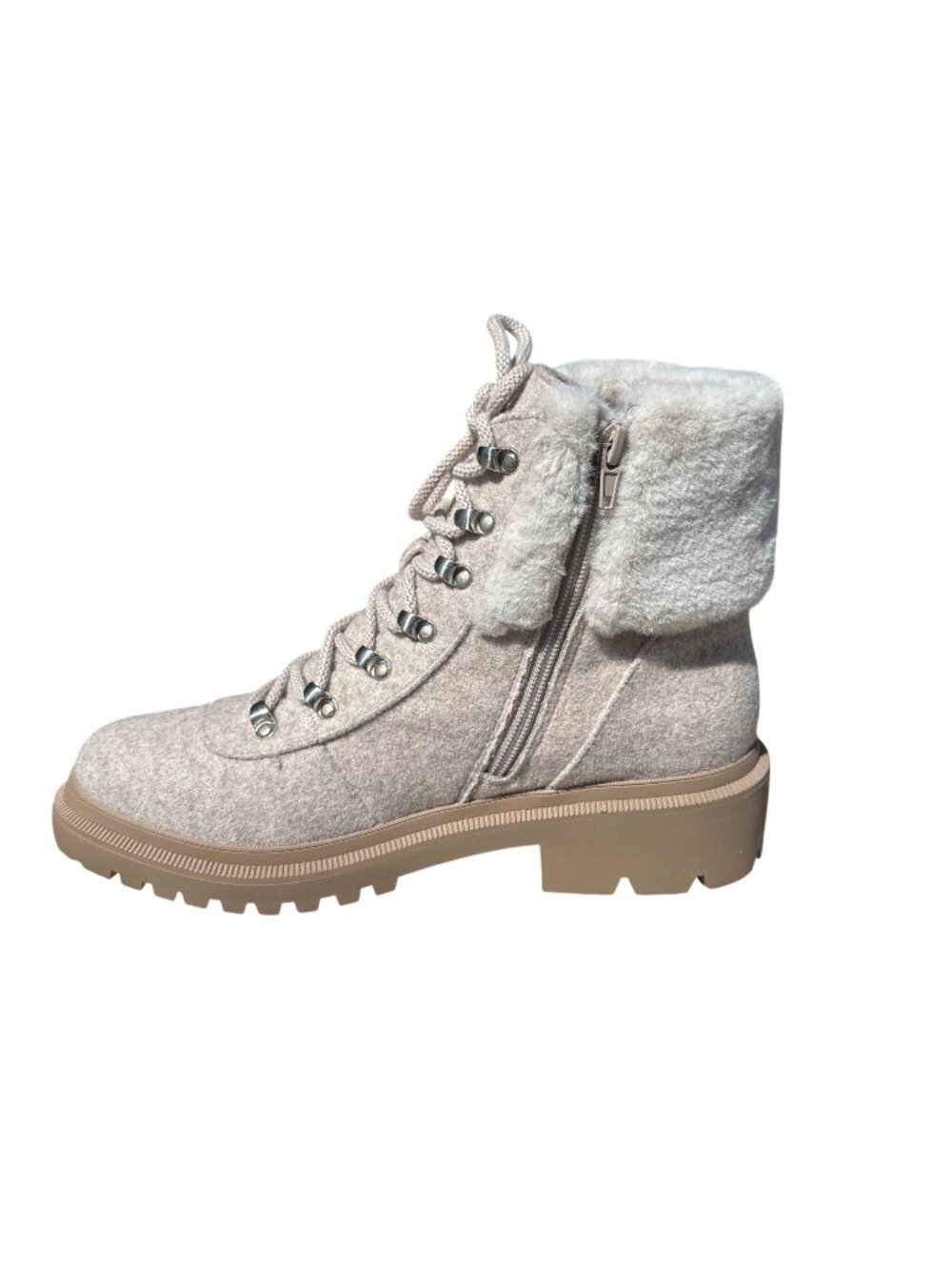 Anne Klein NEW 10M Beige Lace Up Faux Fur Trim Winter Boots Cozy Faux Wool Style